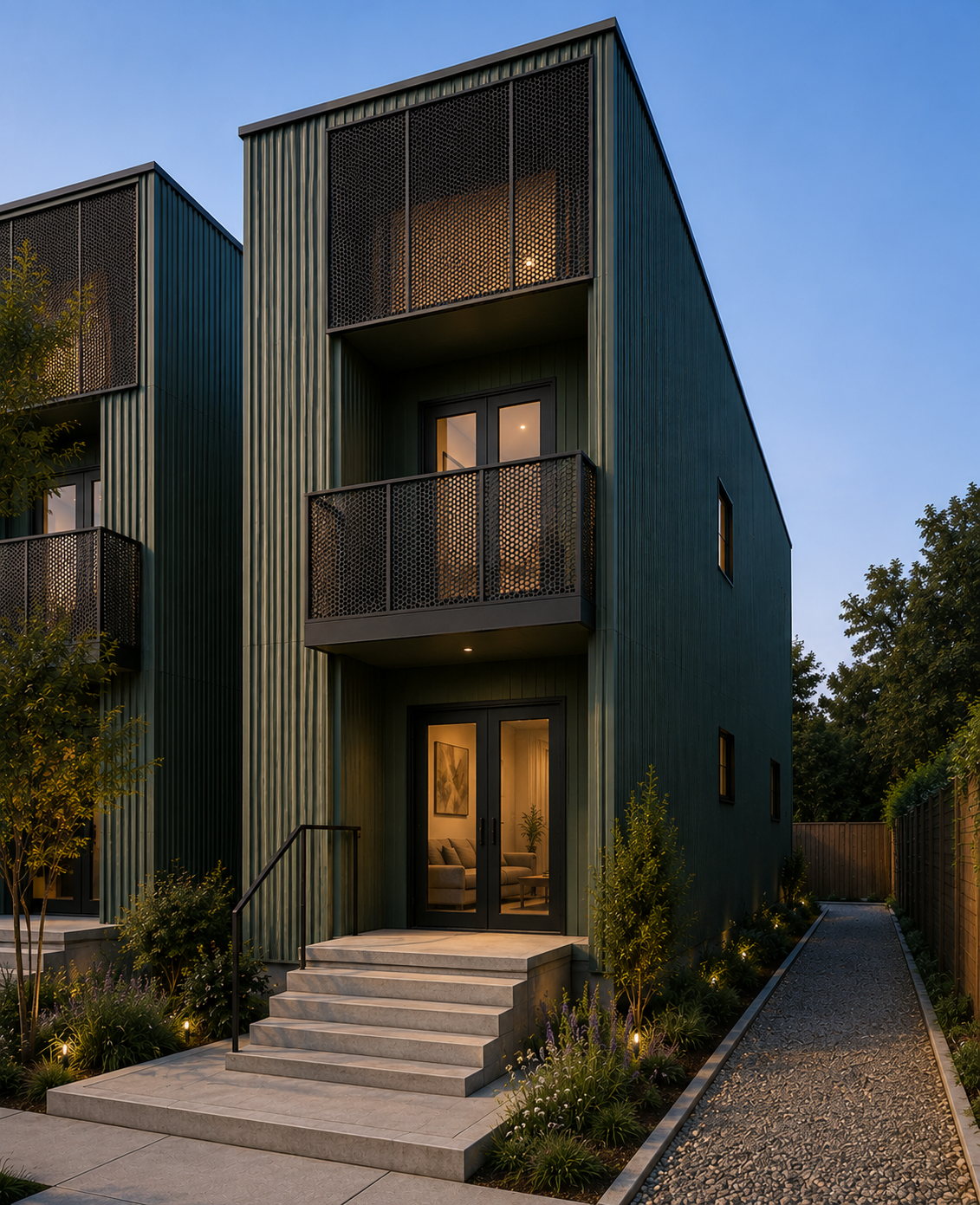 Architectural rendering of a contemporary two-story South Saratoga home in deep green corrugated metal siding at dusk, with landscaped planting beds and a gravel walkway