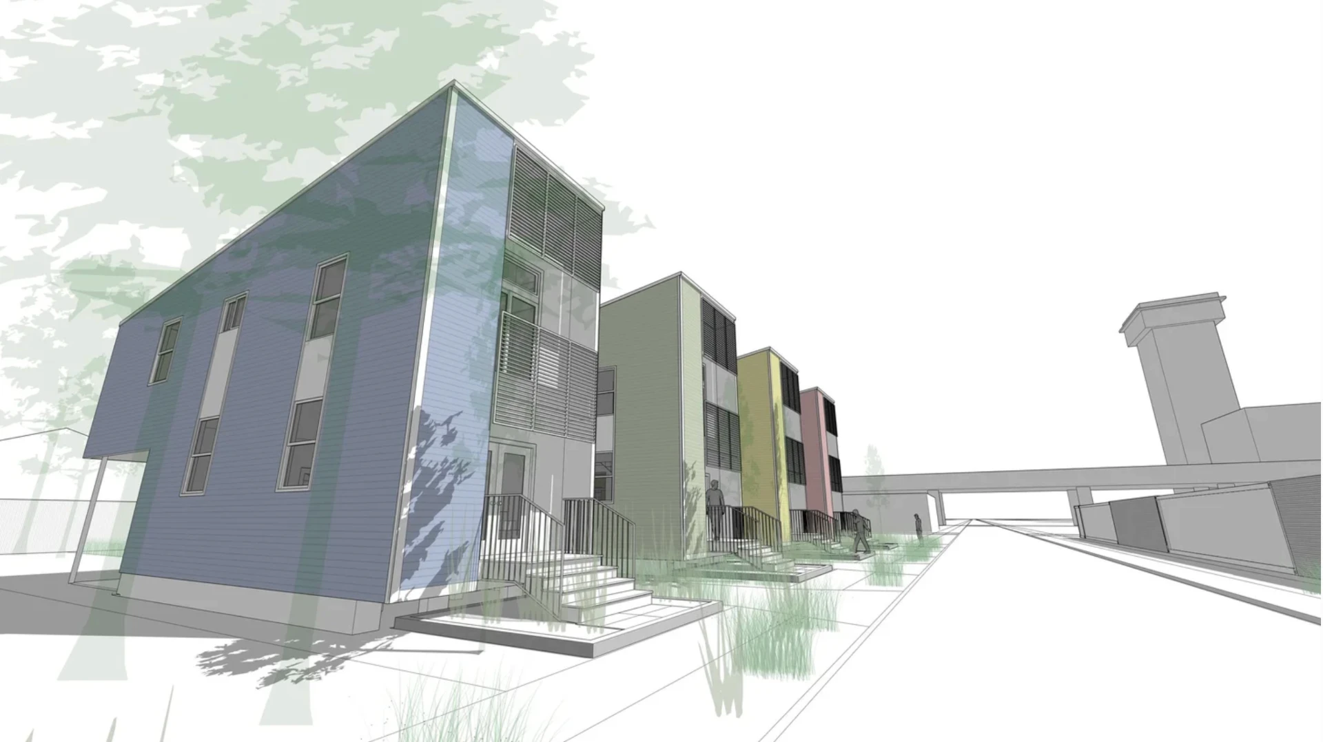 Rendering looking down the South Saratoga block, showing a row of new homes in blue, green, yellow and pink